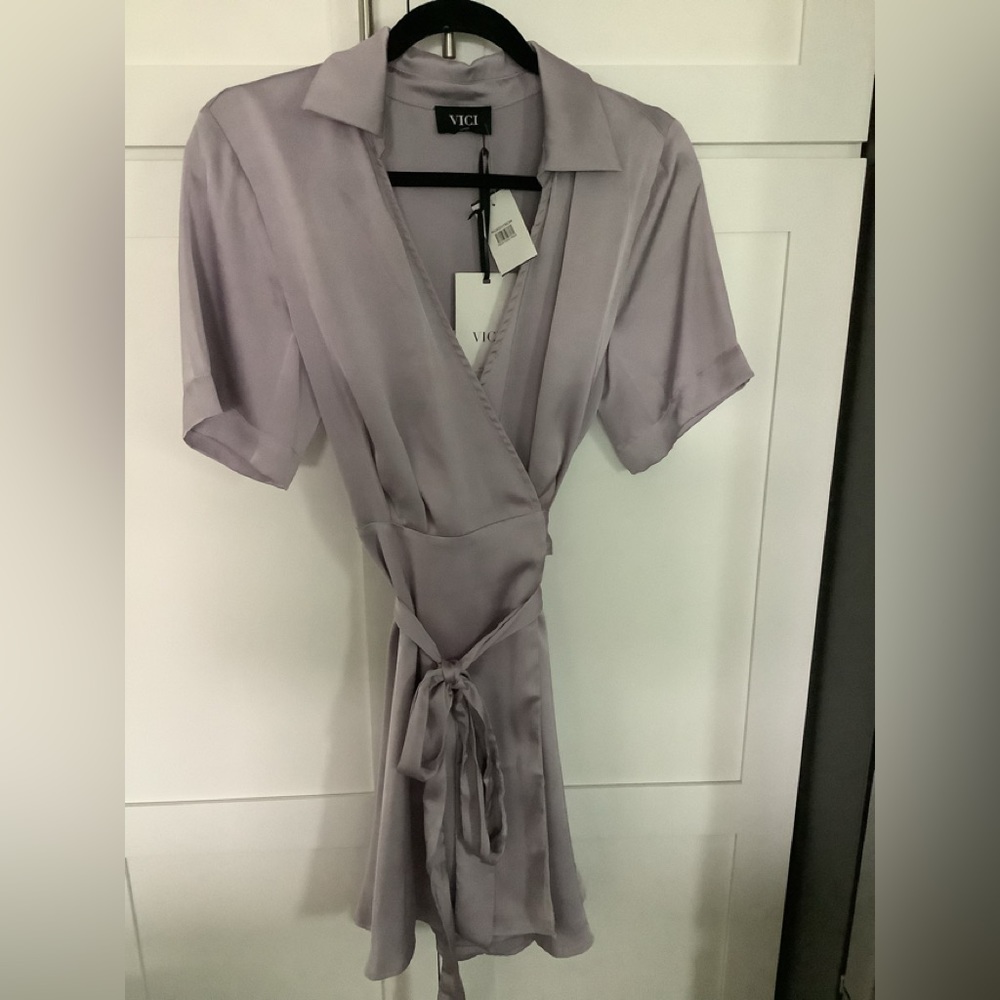VICI Satin Lavender Gray wrap dress Large NWT